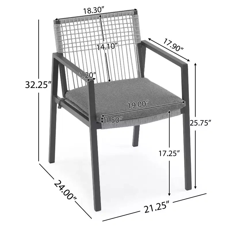 TUYOHW Lot de 2 chaises de salle à manger d'extérieur en aluminium, chaises de salle à manger de terrasse en corde tressée avec accoudoirs et dossier, chaises de terrasse pour jardin, balcon, noir + gris