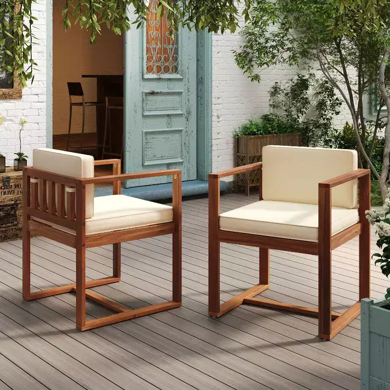 TUYOHW Lot de 2 chaises de salle à manger d'extérieur, chaises de salle à manger de terrasse en bois d'acacia avec dossier ouvert, chaises de terrasse pour jardin, balcon, capacité de 136 kg, marron