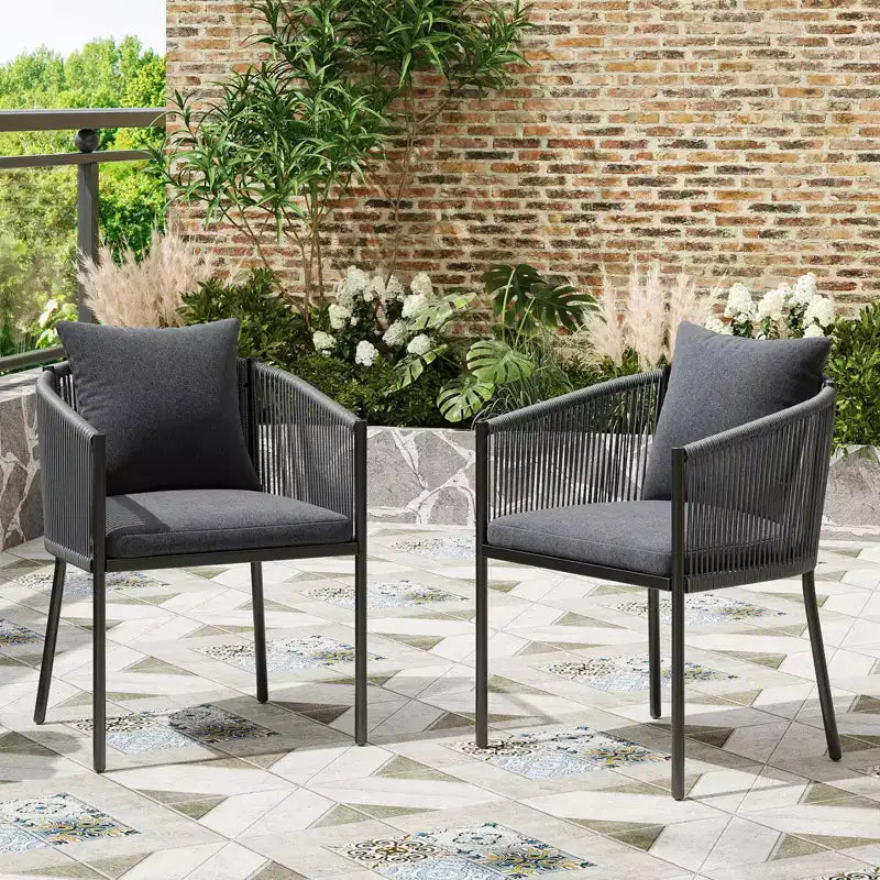 TUYOHW Lot de 2 chaises de salle à manger d'extérieur, chaises de salle à manger en rotin tressé avec accoudoirs incurvés et grand dossier, chaises de terrasse pour jardin, balcon, gris
