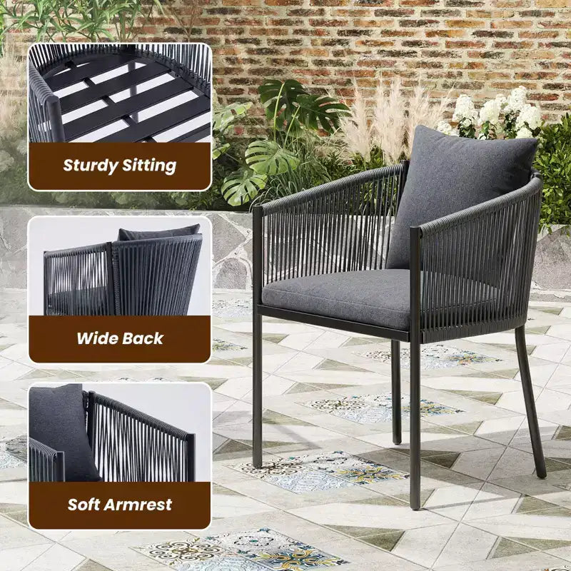 TUYOHW Lot de 2 chaises de salle à manger d'extérieur, chaises de salle à manger en rotin tressé avec accoudoirs incurvés et grand dossier, chaises de terrasse pour jardin, balcon, gris