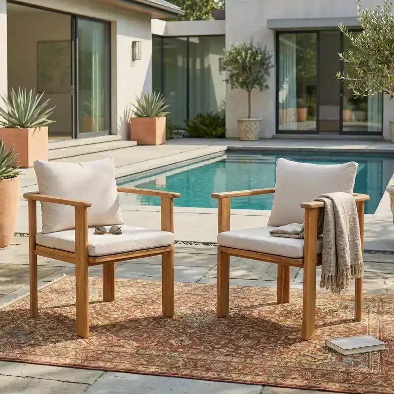Chaise de salle à manger d'extérieur en bois d'acacia Christopher Knight Home Kaja, structure finition teck avec coussin beige, lot de 2