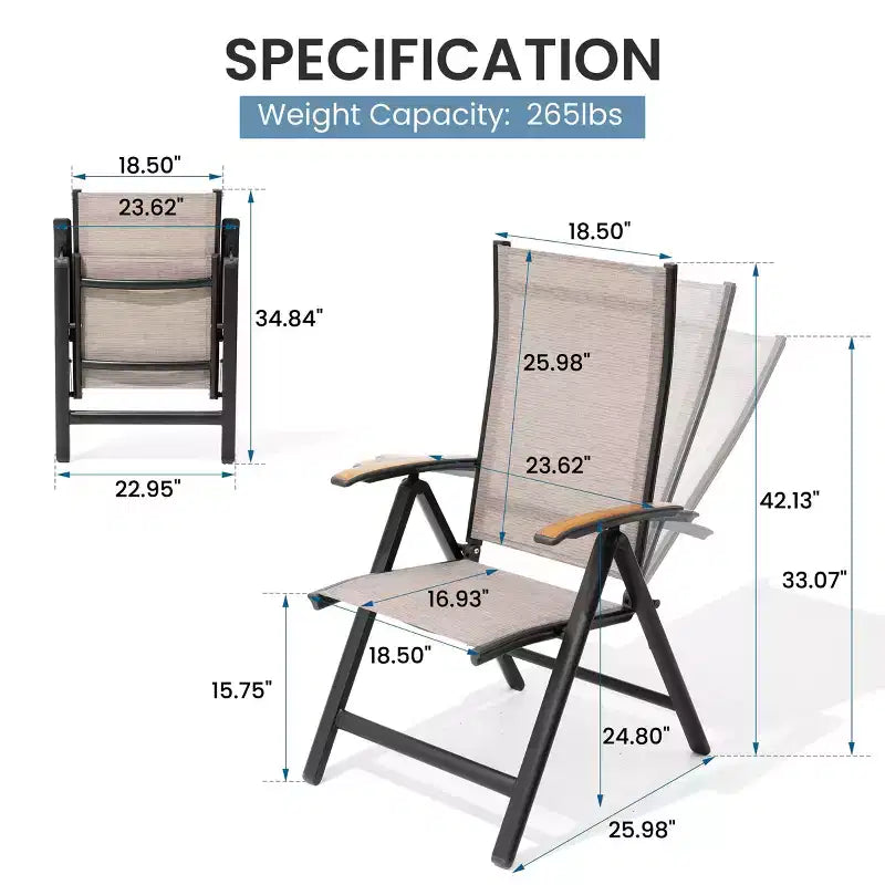 Crestlive Products Lot de 2 chaises de salle à manger pliantes d'extérieur en aluminium avec textilène toutes saisons et accoudoirs en teck