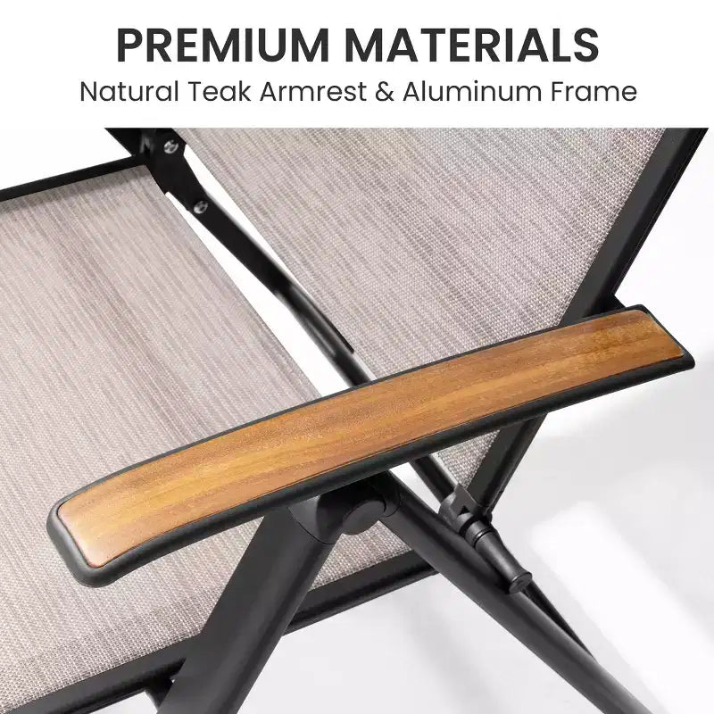 Crestlive Products Lot de 2 chaises de salle à manger pliantes d'extérieur en aluminium avec textilène toutes saisons et accoudoirs en teck