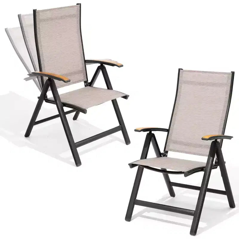 Crestlive Products Lot de 2 chaises de salle à manger pliantes d'extérieur en aluminium avec textilène toutes saisons et accoudoirs en teck