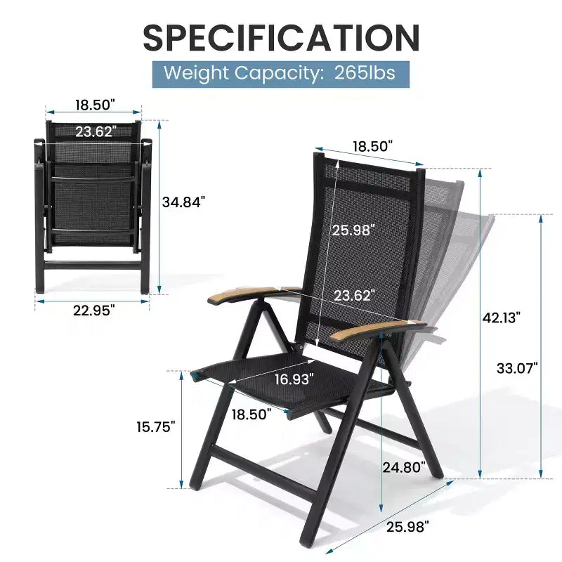 Crestlive Products Lot de 2 chaises de salle à manger pliantes d'extérieur en aluminium avec textilène toutes saisons et accoudoirs en teck