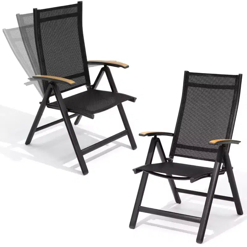Crestlive Products Lot de 2 chaises de salle à manger pliantes d'extérieur en aluminium avec textilène toutes saisons et accoudoirs en teck