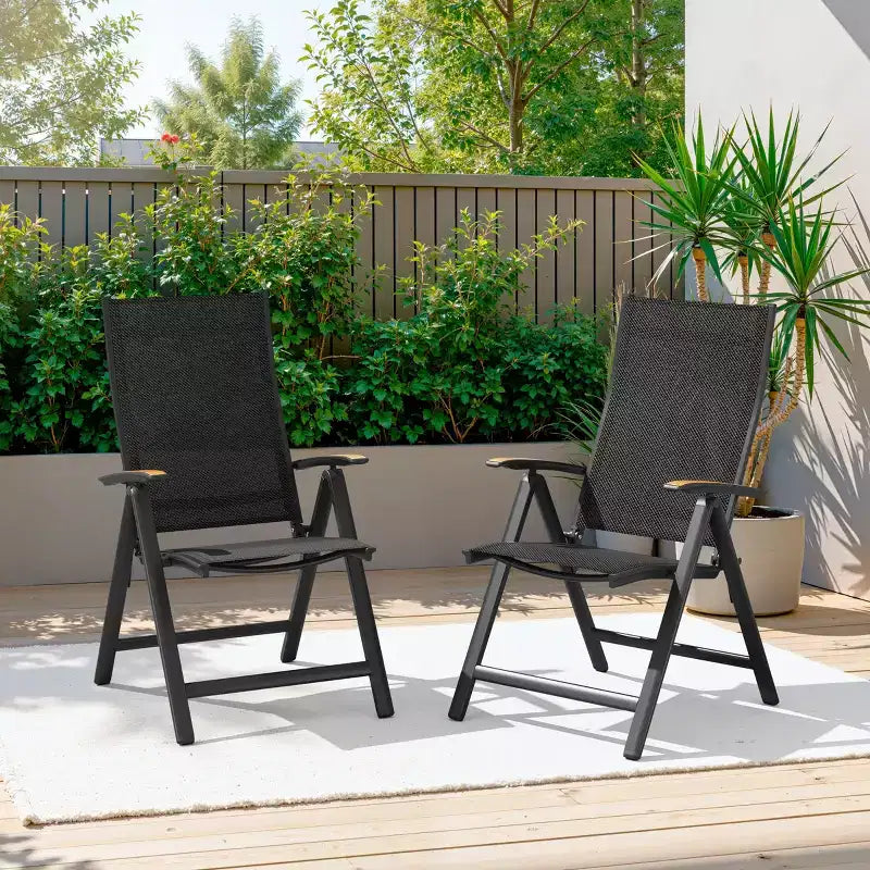 Crestlive Products Lot de 2 chaises de salle à manger pliantes d'extérieur en aluminium avec textilène toutes saisons et accoudoirs en teck