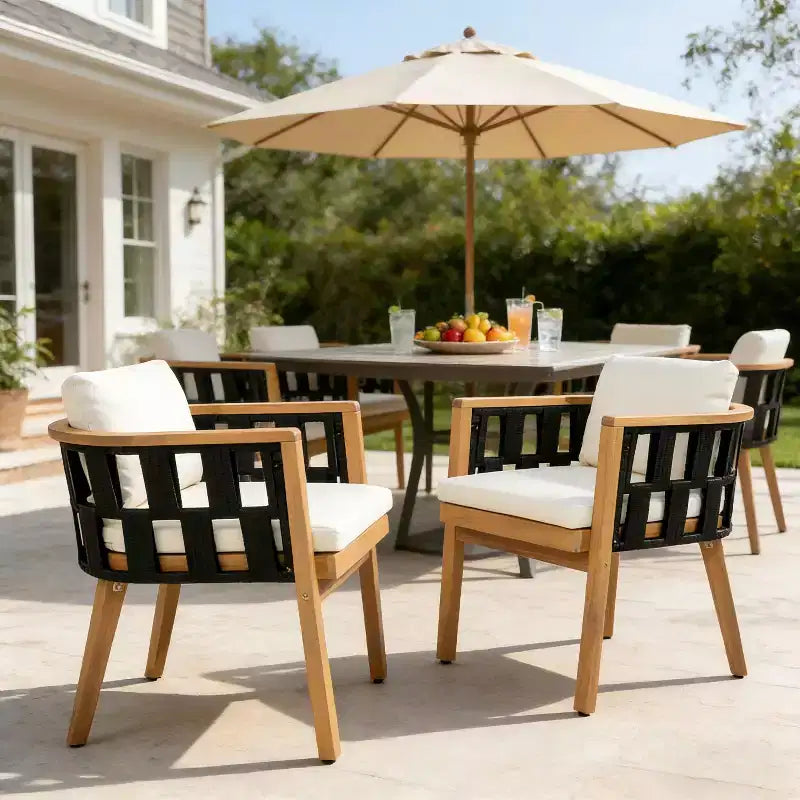 Christopher Knight Home Katya Coastal Patio Acacia Wood Woven Rope Dining Chairs with Cushions
