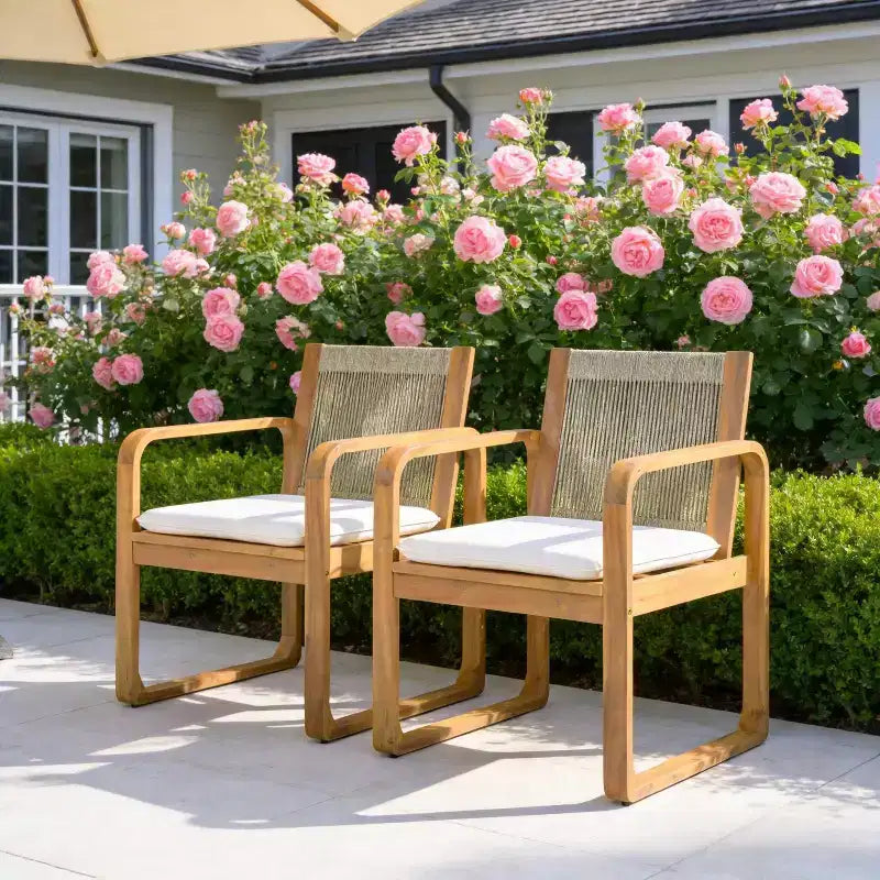Christopher Knight Home Everett Outdoor Boho Modern Acacia Wood Dining Chairs with Multi-Brown Rope Back and Cushions
