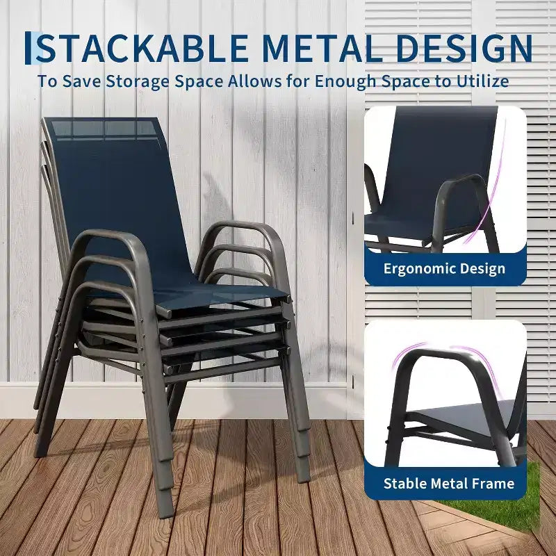 Lot de 6 chaises de salle à manger empilables d'extérieur, chaises de patio légères en textilène résistantes aux intempéries, capacité de 140 kg pour jardin, piscine, cour arrière