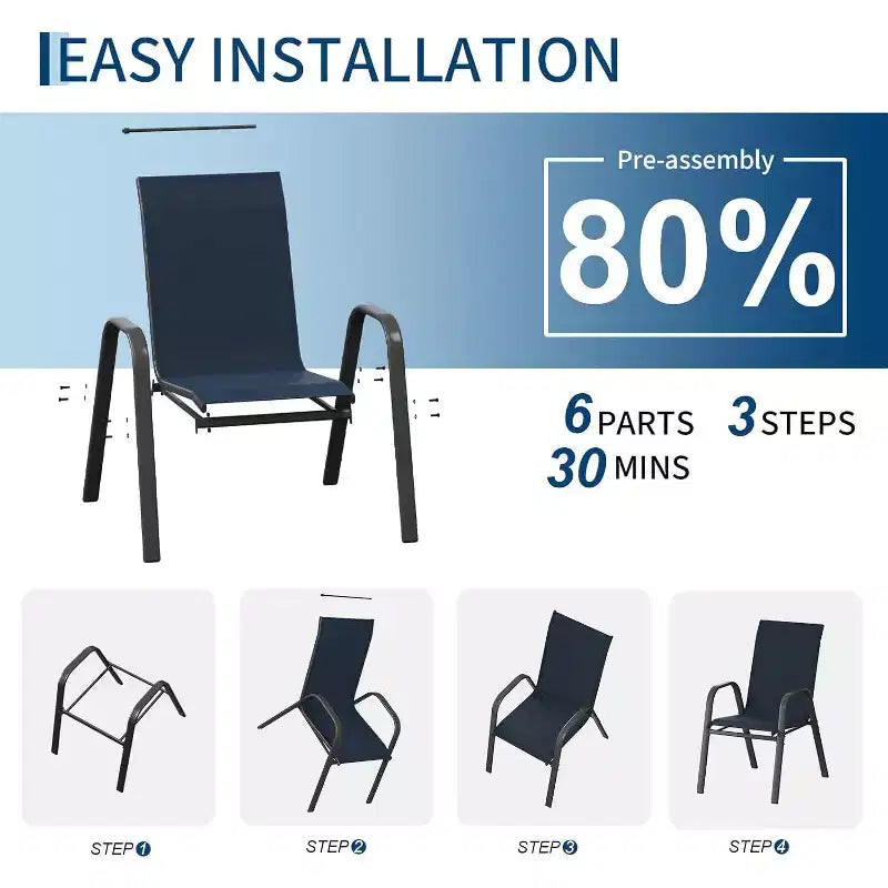 Lot de 6 chaises de salle à manger empilables d'extérieur, chaises de patio légères en textilène résistantes aux intempéries, capacité de 140 kg pour jardin, piscine, cour arrière