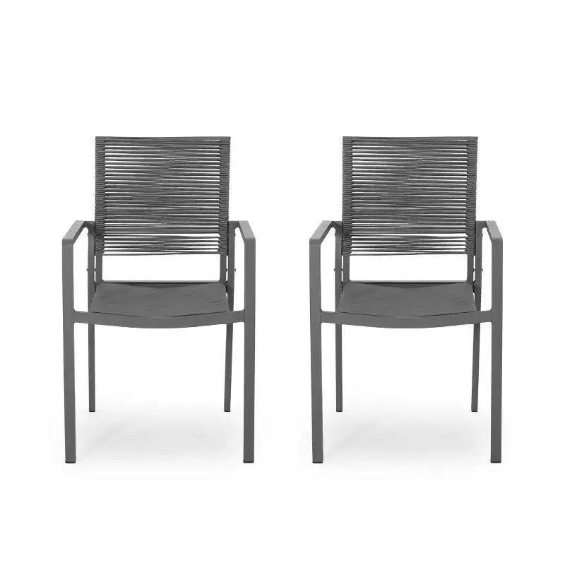 Chaise de salle à manger moderne d'extérieur en aluminium avec assise en corde (lot de 2), gris et gris foncé