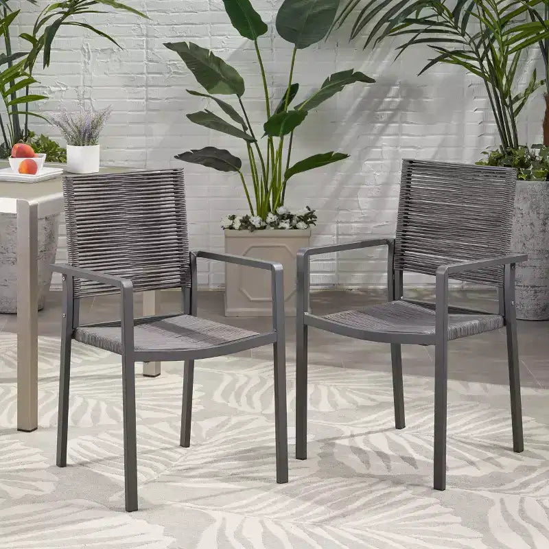 Chaise de salle à manger moderne d'extérieur en aluminium avec assise en corde (lot de 2), gris et gris foncé