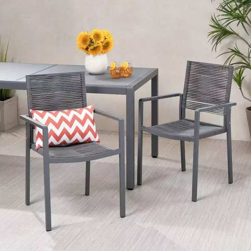 Chaise de salle à manger moderne d'extérieur en aluminium avec assise en corde (lot de 2), gris et gris foncé