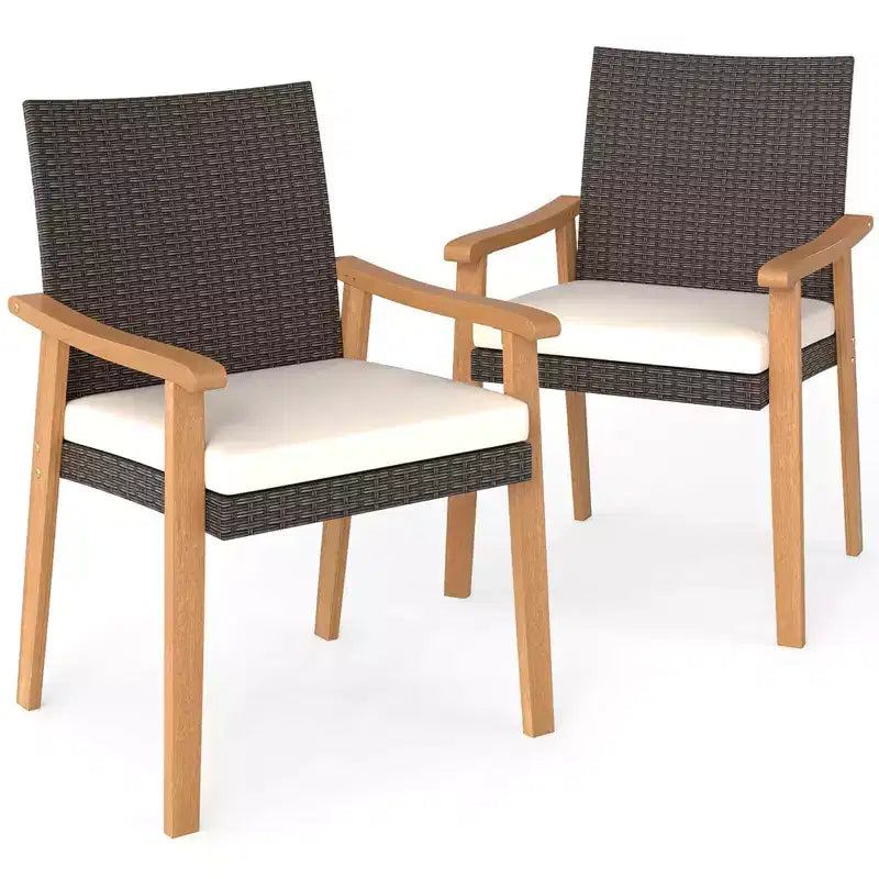 Costway Patio Dining Chair Set of 2/4 with Cushion Wood Armrests Metal Frame for Garden