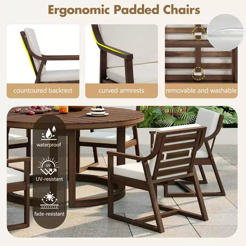 Lot de 2 chaises de salle à manger d'extérieur Whisen, chaises de salle à manger de patio avec accoudoirs et coussins, bois d'acacia, design ergonomique
