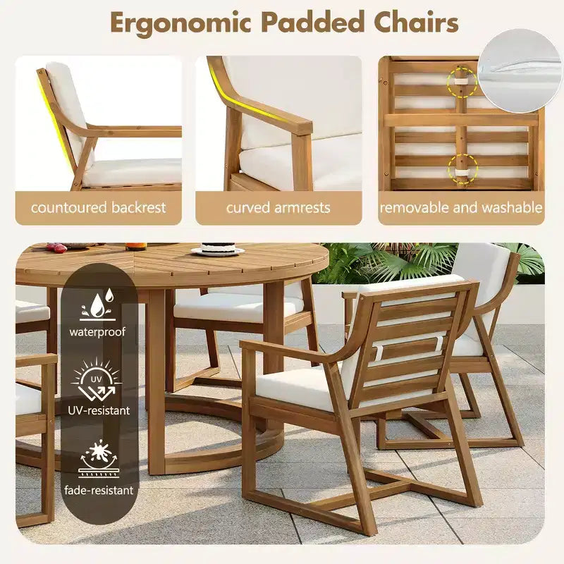 Lot de 2 chaises de salle à manger d'extérieur Whisen, chaises de salle à manger de patio avec accoudoirs et coussins, bois d'acacia, design ergonomique