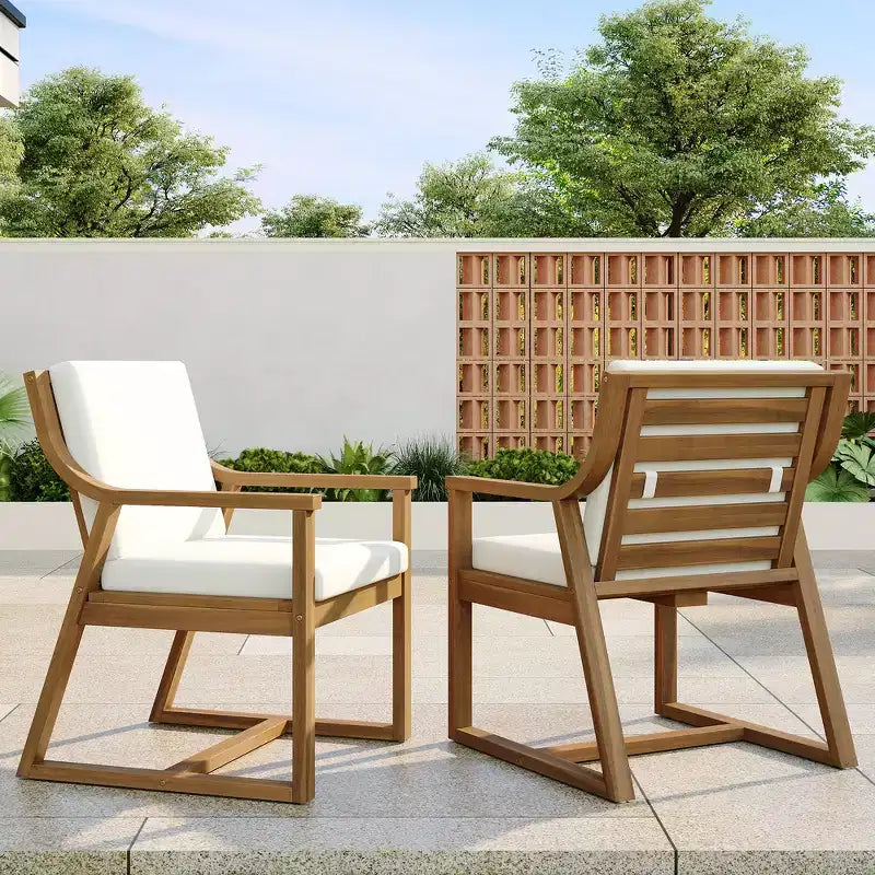 Whisen Outdoor Dining Chair Set of 2, Patio Dining Armrest Chair with Cushions, Acacia Wood, Ergonomic Design