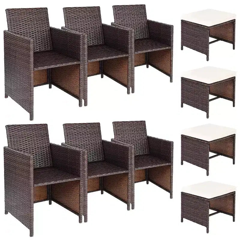 Costway 10 PCS Outdoor Patio Dining Set 4 Cushioned Ottomans and 6 Armchairs Metal Rattan Wicker Furniture Garden