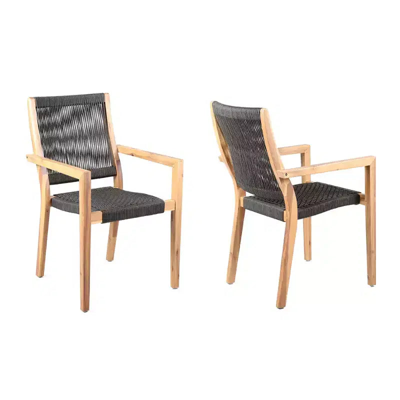 Chaises de salle à manger d'extérieur en bois d'eucalyptus GDFStudio Livia avec dossier en corde tressée (lot de 2)