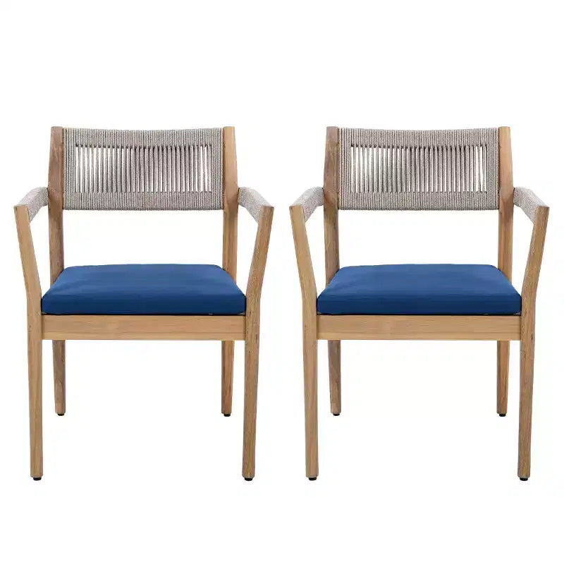 Ensemble de 2 chaises de salle à manger d'extérieur en bois avec coussins et dossier en corde, fauteuils de patio d'extérieur tout temps pour jardin et piscine - Panipeachy