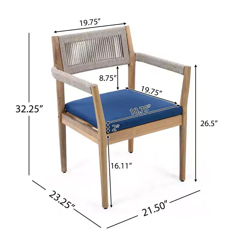 Ensemble de 2 chaises de salle à manger d'extérieur en bois avec coussins et dossier en corde, fauteuils de patio d'extérieur tout temps pour jardin et piscine - Panipeachy