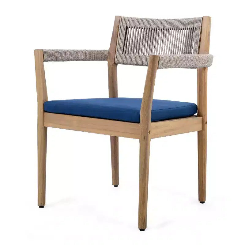Ensemble de 2 chaises de salle à manger d'extérieur en bois avec coussins et dossier en corde, fauteuils de patio d'extérieur tout temps pour jardin et piscine - Panipeachy