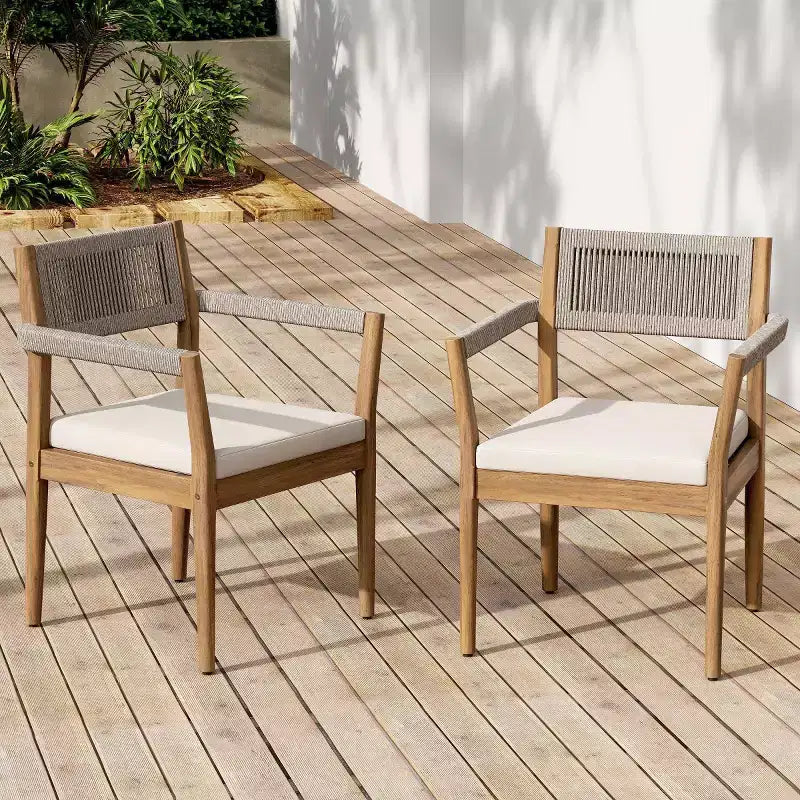 Ensemble de 2 chaises de salle à manger d'extérieur en bois avec coussins et dossier en corde, fauteuils de patio d'extérieur tout temps pour jardin et piscine - Panipeachy