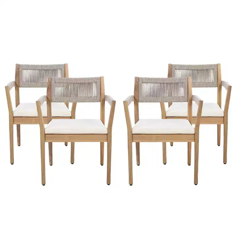 Ensemble de 2 chaises de salle à manger d'extérieur en bois avec coussins et dossier en corde, fauteuils de patio d'extérieur tout temps pour jardin et piscine - Panipeachy