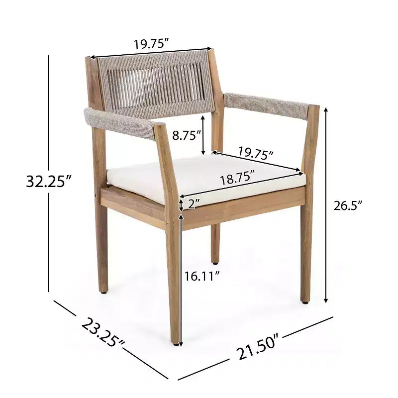Ensemble de 2 chaises de salle à manger d'extérieur en bois avec coussins et dossier en corde, fauteuils de patio d'extérieur tout temps pour jardin et piscine - Panipeachy