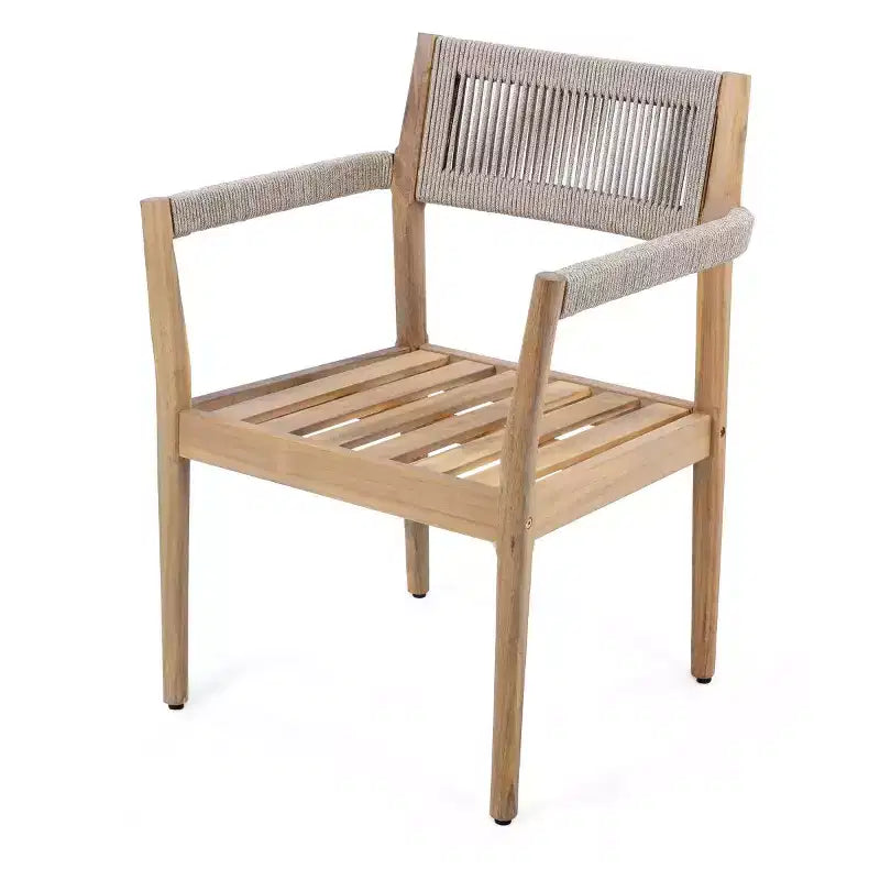 Ensemble de 2 chaises de salle à manger d'extérieur en bois avec coussins et dossier en corde, fauteuils de patio d'extérieur tout temps pour jardin et piscine - Panipeachy