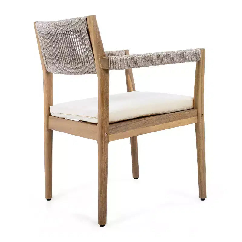 Ensemble de 2 chaises de salle à manger d'extérieur en bois avec coussins et dossier en corde, fauteuils de patio d'extérieur tout temps pour jardin et piscine - Panipeachy