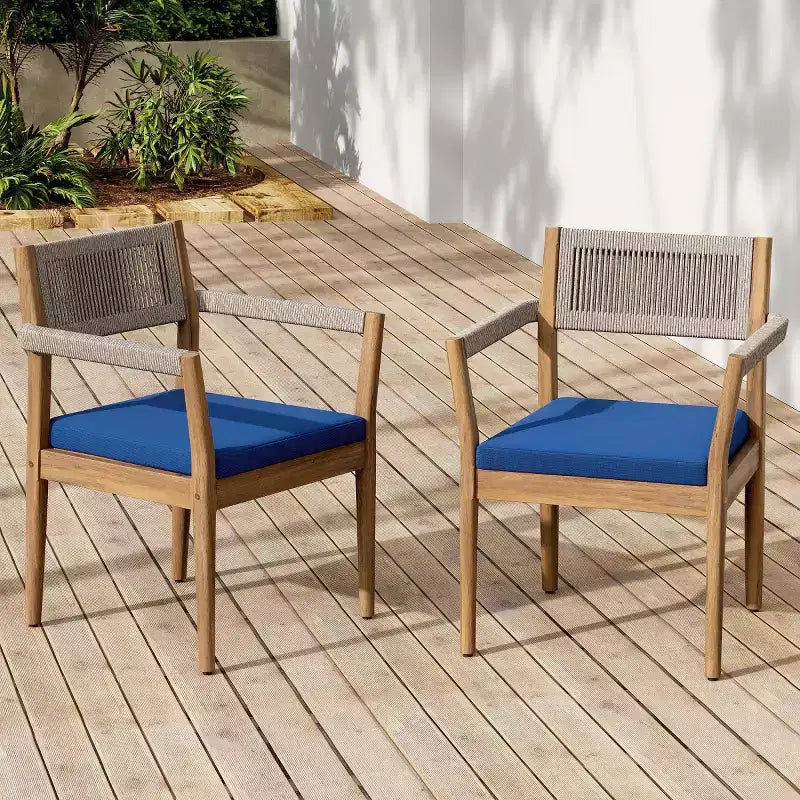 Ensemble de 2 chaises de salle à manger d'extérieur en bois avec coussins et dossier en corde, fauteuils de patio d'extérieur tout temps pour jardin et piscine - Panipeachy