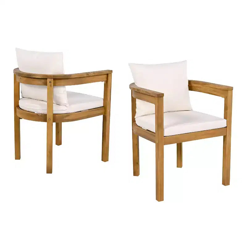 Chaises de salle à manger d'extérieur en bois d'acacia ModernLuxe, chaise d'appoint rembourrée pour patio avec dossier incurvé - Lot de 2