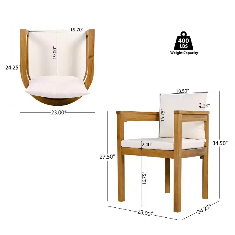 Chaises de salle à manger d'extérieur en bois d'acacia ModernLuxe, chaise d'appoint rembourrée pour patio avec dossier incurvé - Lot de 2