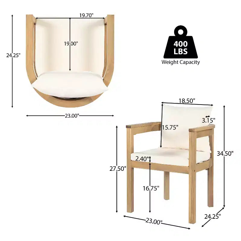 Chaises de salle à manger d'extérieur en bois d'acacia ModernLuxe, chaise d'appoint rembourrée pour patio avec dossier incurvé - Lot de 2