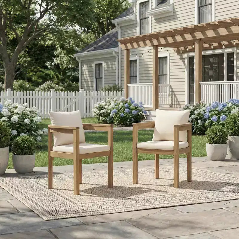 ModernLuxe Acacia Wood Outdoor Dining Chairs, Patio Upholstered Accent Chair with Curved Backrest - Set of 2