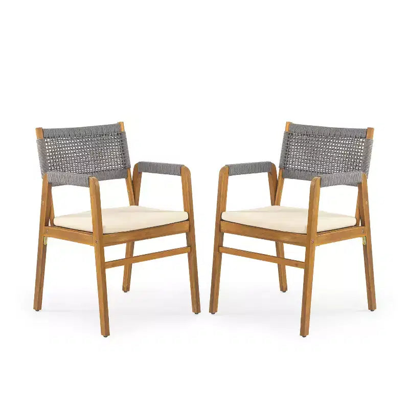 Chaises de salle à manger d'extérieur ModernLuxe, chaises d'appoint de terrasse en bois d'acacia avec corde en treillis - Lot de 2