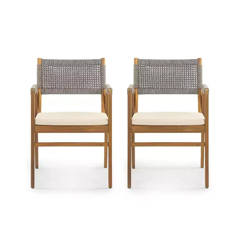 Chaises de salle à manger d'extérieur ModernLuxe, chaises d'appoint de terrasse en bois d'acacia avec corde en treillis - Lot de 2