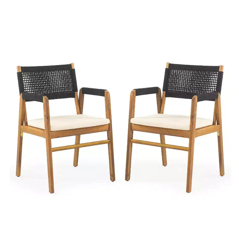 Chaises de salle à manger d'extérieur ModernLuxe, chaises d'appoint de terrasse en bois d'acacia avec corde en treillis - Lot de 2