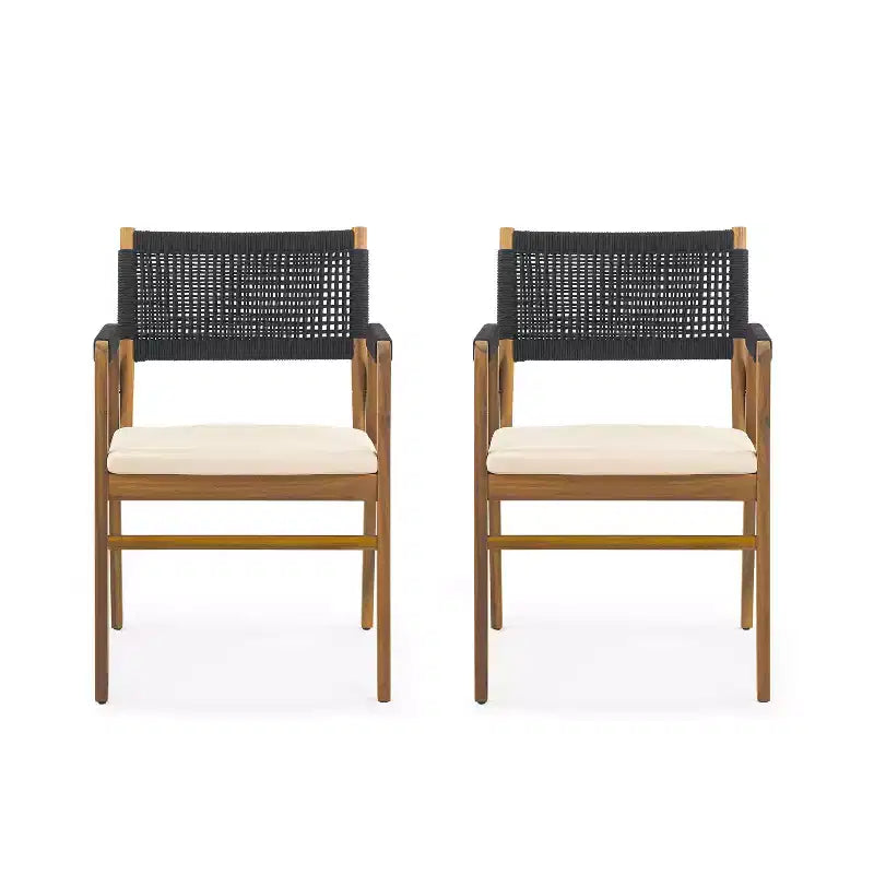 Chaises de salle à manger d'extérieur ModernLuxe, chaises d'appoint de terrasse en bois d'acacia avec corde en treillis - Lot de 2