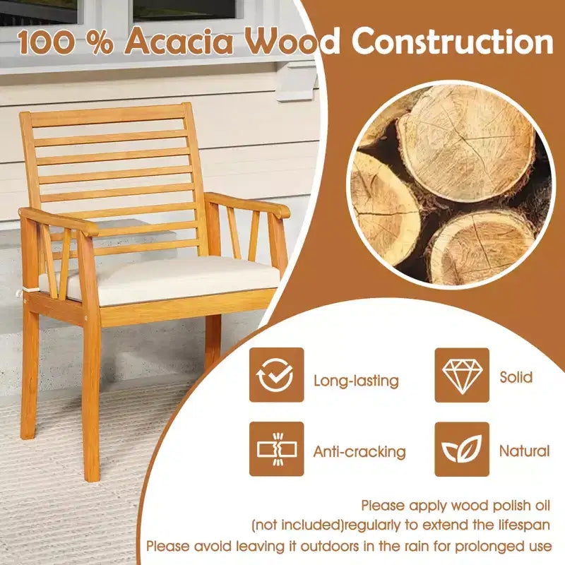 Costway Lot de 2 Chaises de Patio avec Dossiers Inclinés et Sièges à Lattes en Bois d'Acacia pour Extérieur