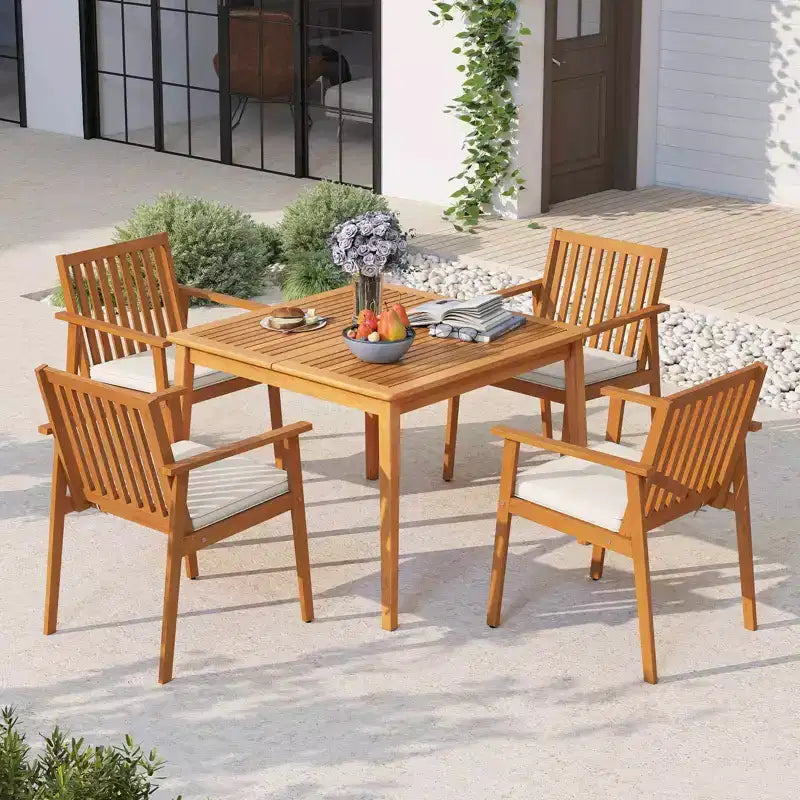 Costway Lot de 2/4 chaises de salle à manger de patio avec accoudoirs à coussin rembourré amovible, en bois d'acacia, blanc/naturel/beige
