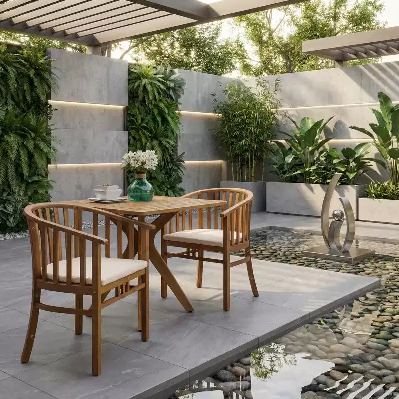 ModernLuxe Chaises de salle à manger d'extérieur, fauteuil d'appoint en bois d'acacia pour patio avec lattes incurvées, coussin résistant à l'eau - Lot de 2