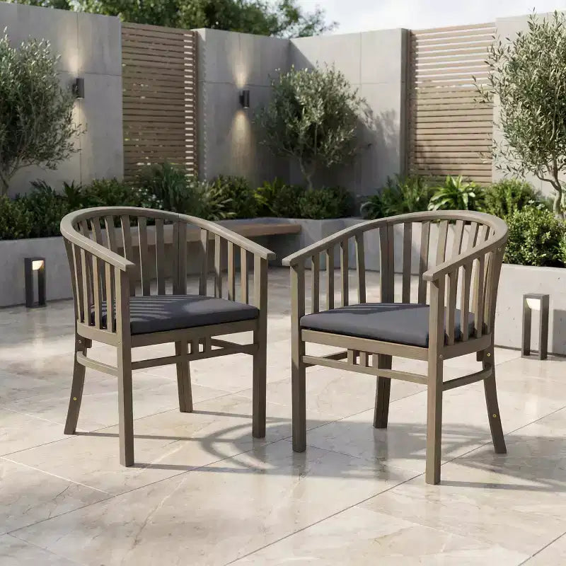 ModernLuxe Outdoor Dining Chairs, Patio Acacia Wood Accent Armchair with Curved Slat, Water-Resistant Cushion - Set of 2