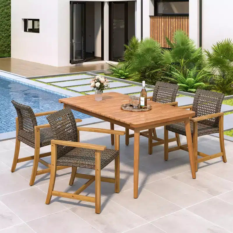 Fauteuil de salle à manger d'extérieur en bois, Chaises de salle à manger de patio en bois d'acacia, Sièges de jardin (Lot de 2)