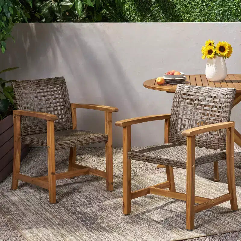 Fauteuil de salle à manger d'extérieur en bois, Chaises de salle à manger de patio en bois d'acacia, Sièges de jardin (Lot de 2)