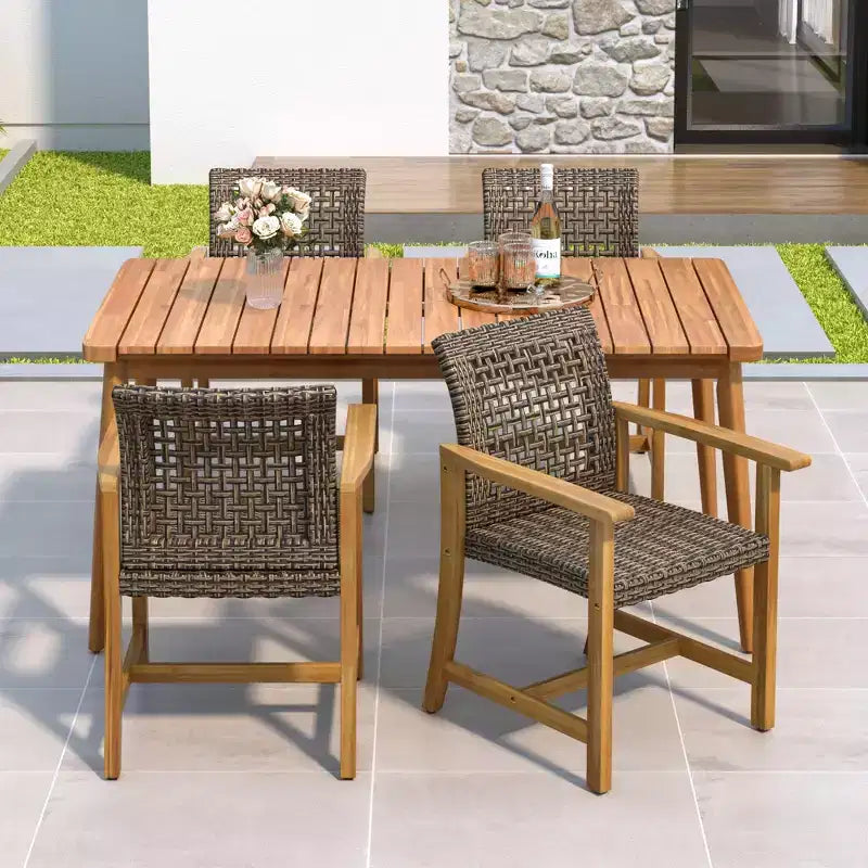 Fauteuil de salle à manger d'extérieur en bois, Chaises de salle à manger de patio en bois d'acacia, Sièges de jardin (Lot de 2)