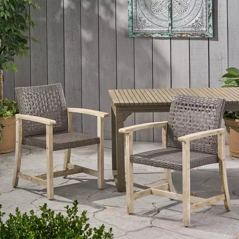 Fauteuil de salle à manger d'extérieur en bois, Chaises de salle à manger de patio en bois d'acacia, Sièges de jardin (Lot de 2)