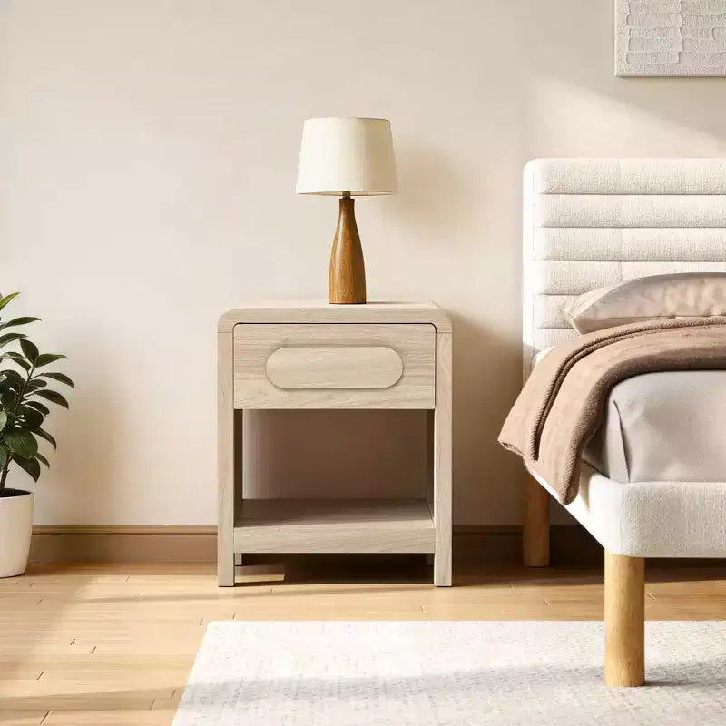 Table de chevet 55 cm avec tiroir et étagère ouverte – Finition bois clair, marron
